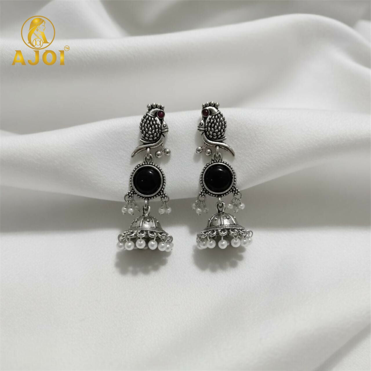 Moonlit Black Stone Peacock Earrings – Oxidized Silver Finish