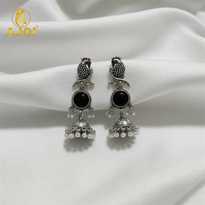 Moonlit Black Stone Peacock Earrings – Oxidized Silver Finish