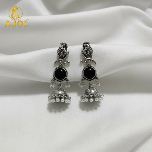 Moonlit Black Stone Peacock Earrings – Oxidized Silver Finish