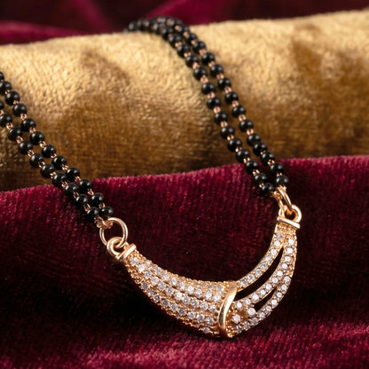 Rose Gold Finish Full CZ Crescent Moon Bar Double Strand Mangalsutra