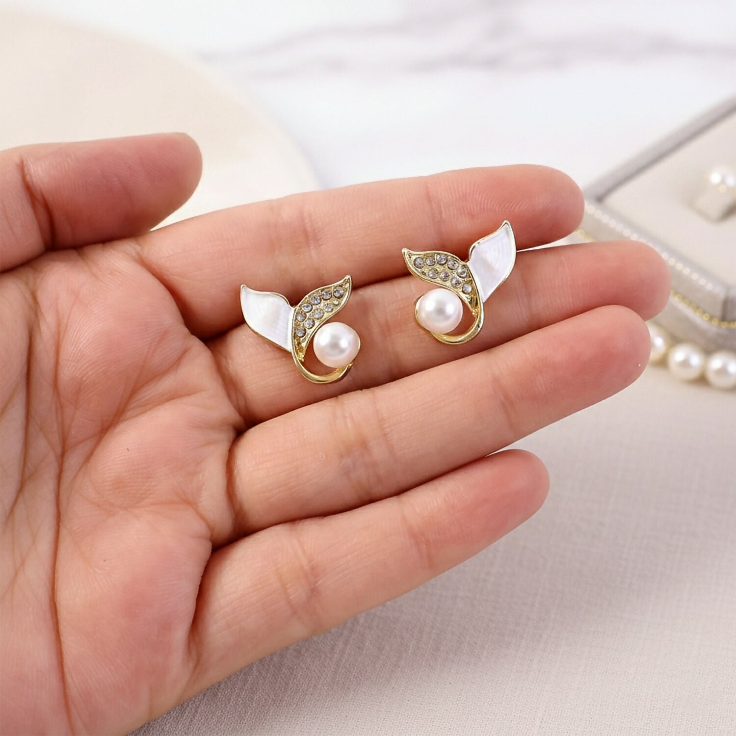 Korean Style Pearl Leaf Stud Earrings for Women & Girls | Elegant Gold Plated Designer Fashion Jewellery