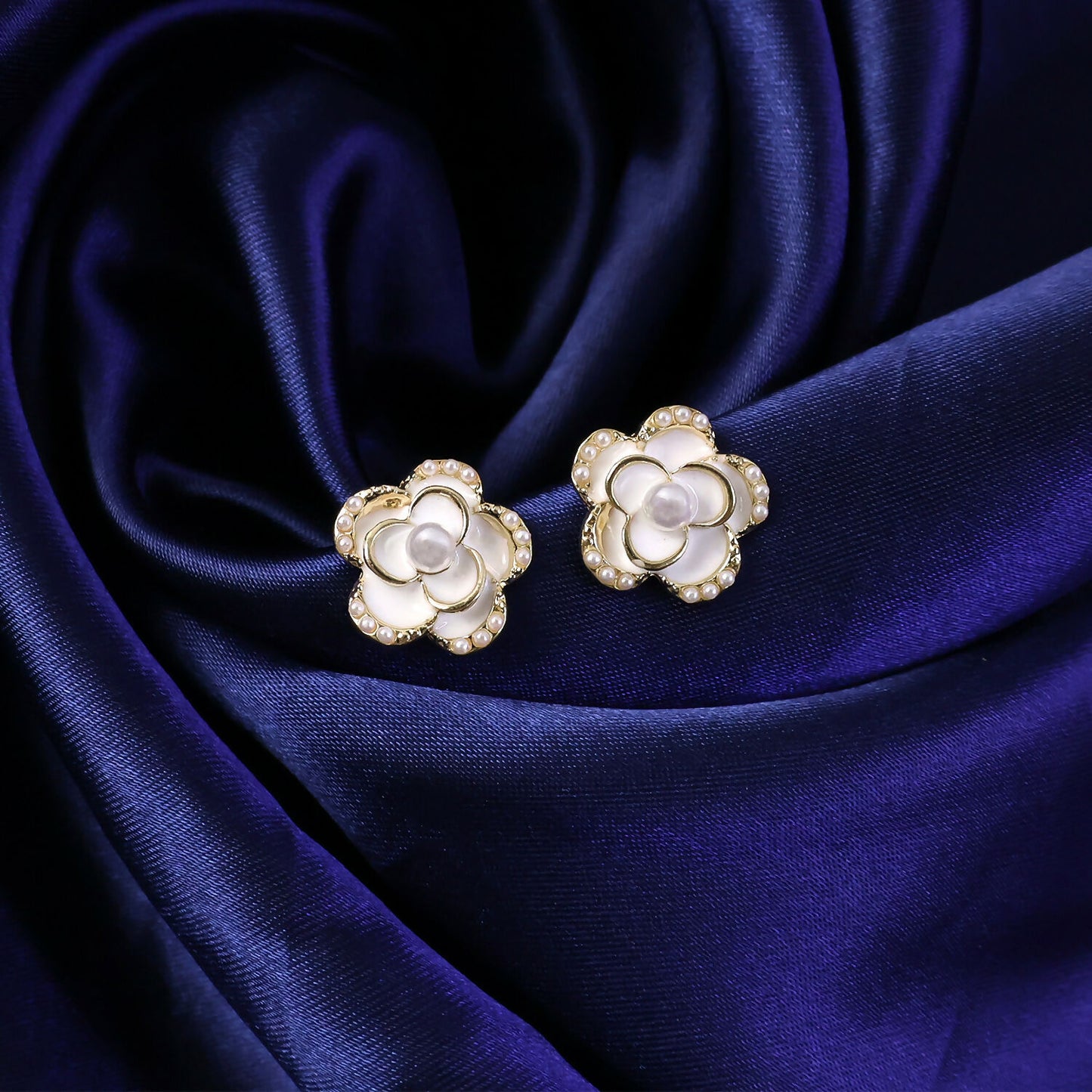 Pearl heart drop earrings side angle with gold-tone finish