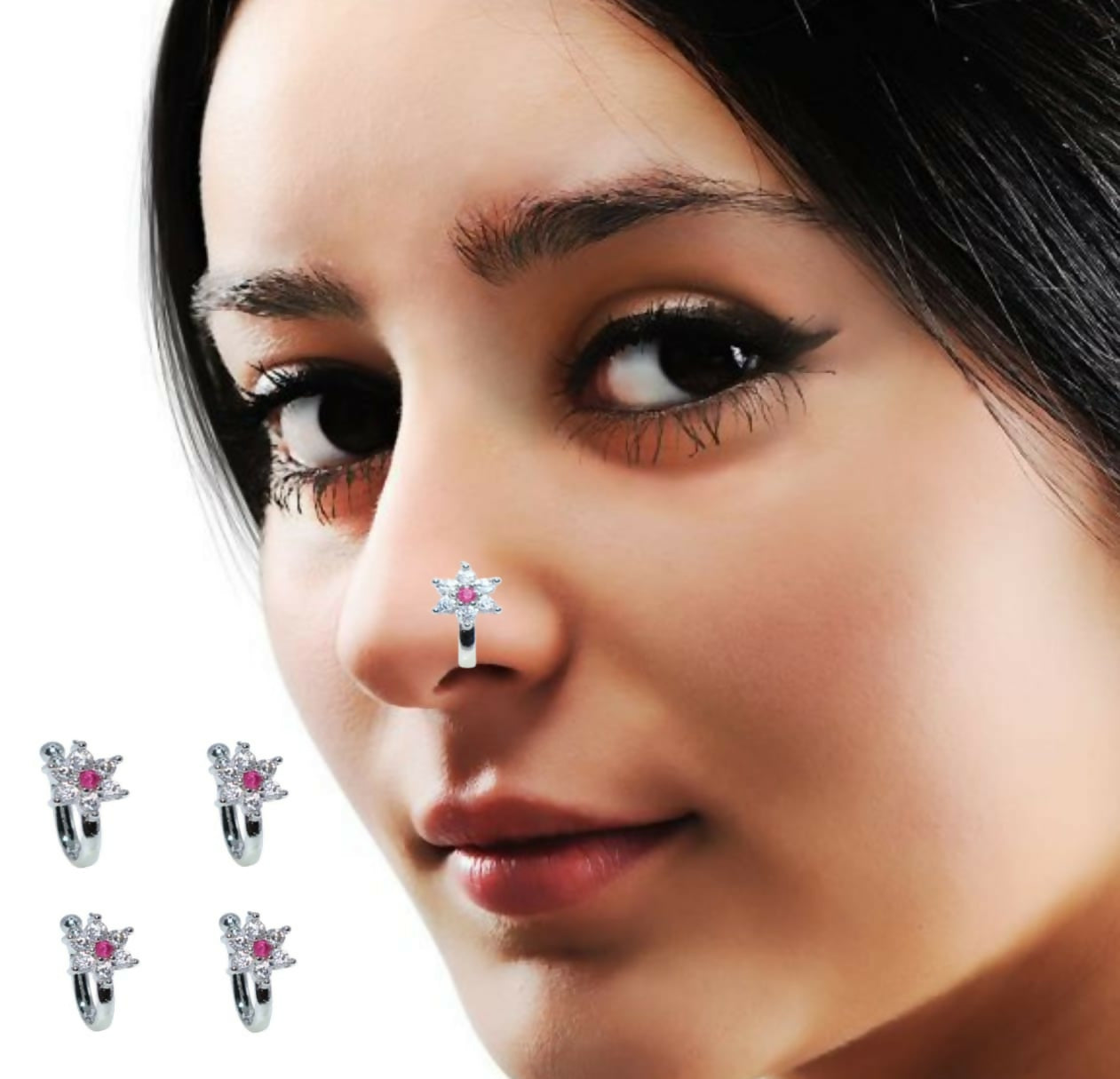 Rose Gold Black CZ Double Row Non-Pierced Nose Cuff Combo Pack of 4