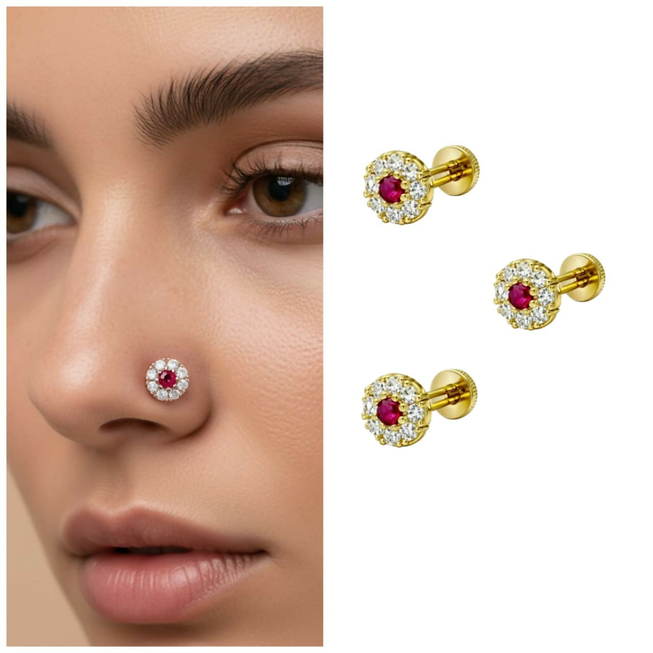 Gold plated Ruby & Diamond Floral Halo Nose Pin Labret Stud Combo Pack of 3