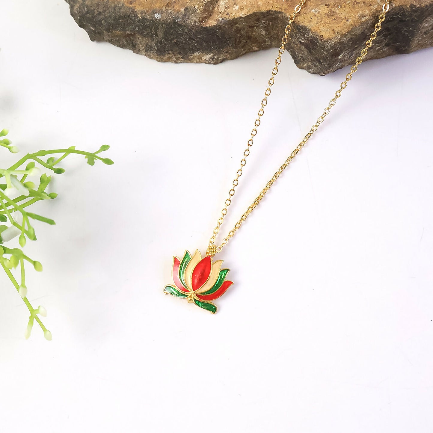 Traditional Lotus Flower Design Pendant Necklace with Chain for Women
