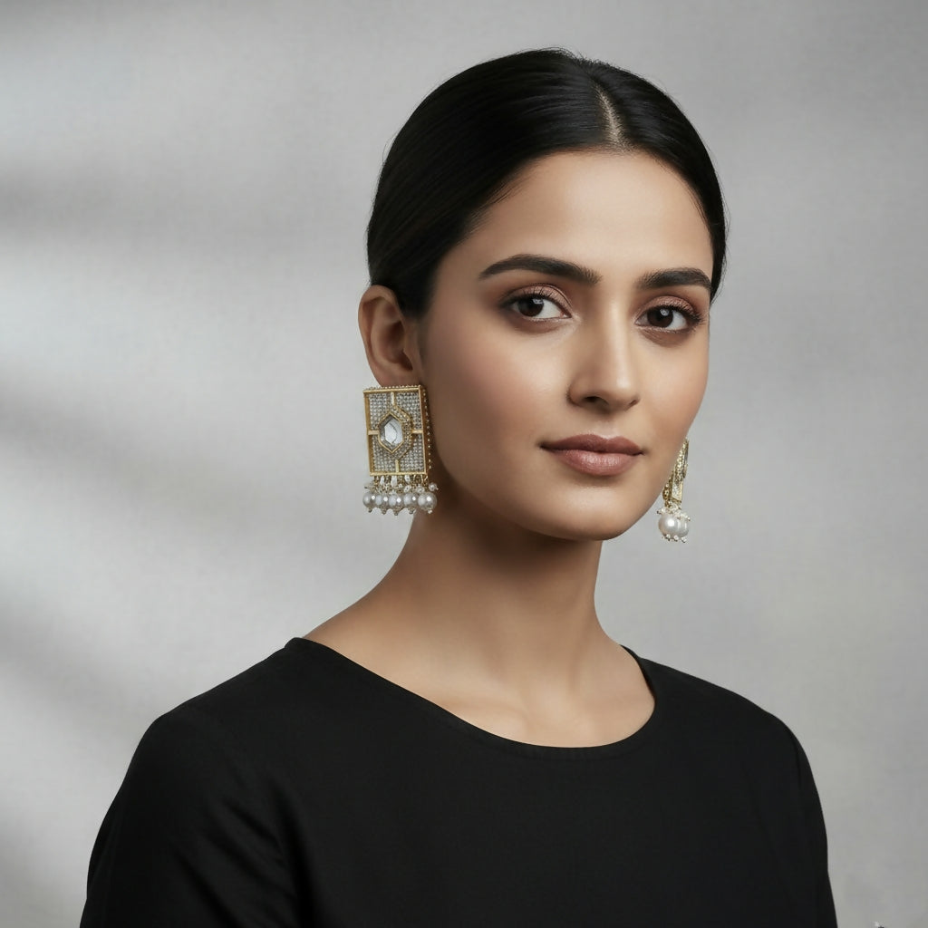 Traditional Silver-Toned Kundan & Pearl Encrusted Chandbali Jhumka Earrings