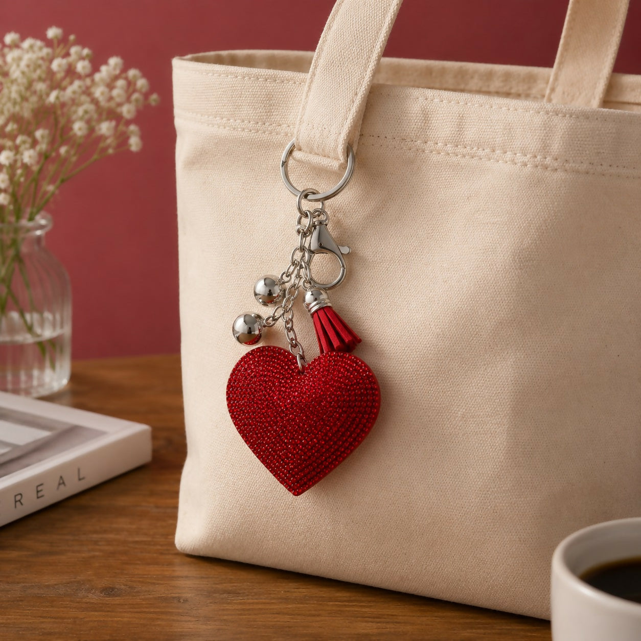 Heart-shaped crystal keychain with tassel on white background