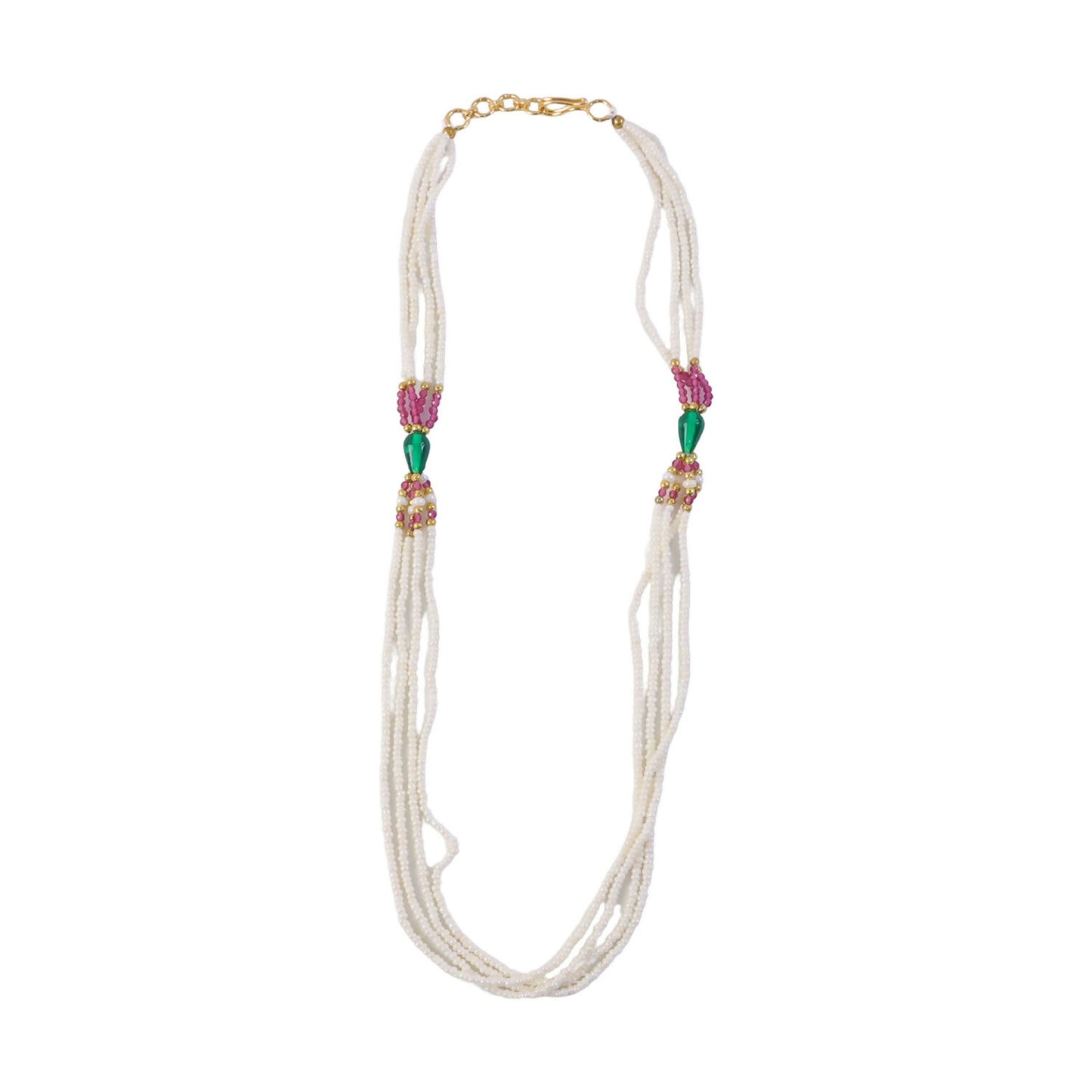 Pearl beaded necklace showcasing pink and green detailing