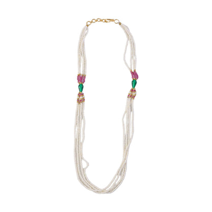 Pearl beaded necklace showcasing pink and green detailing