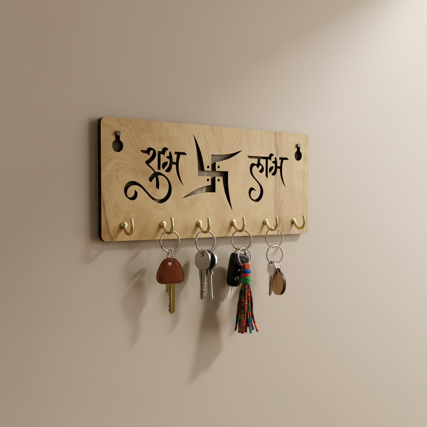 Shubh Labh Wooden Key Holder for Wall| Vastu Swastik Design Key Stand | Decorative Key Hanger for Home Entrance & Office