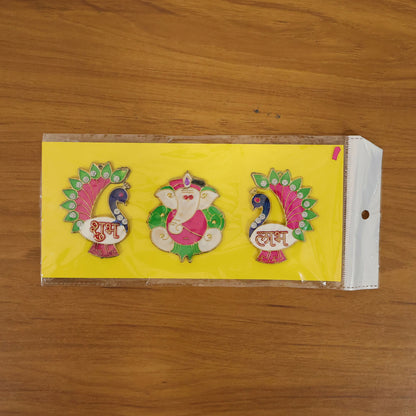 Acrylic Meenakari Peacock Ganesh Shubh Labh Door Hanging – Set of 3