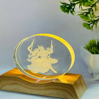 Premium Radha Krishna LED Crystal Showpiece with Wooden Base | 3D Laser Engraved Radha Krishna Idol Light | Decorative Night Lamp for Home Temple, Living Room, Gift & Festive Decor | Warm LED Glow Spiritual Table Showpiece