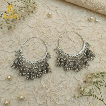 Handcrafted Oxidized Silver Hoop Jhumka Earrings with Intricate Filigree Detailing and Multiple Dangling Bell Drops