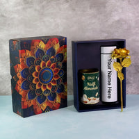 Personalized Temperature Water Bottle, Effete Kulfi Almonds Gift Hamper, Golden Rose With Bottle (3 Pc Set)