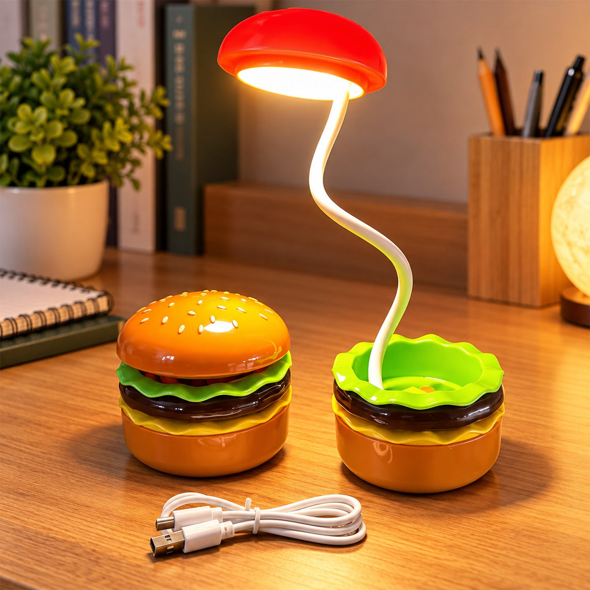 A burger-shaped lamp with a red top and a flexible white arm illuminates a desk with a white USB cable beside it.