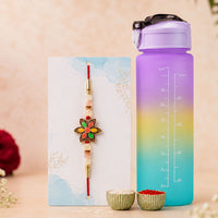 Premium Flower Rakhi Gift Set with Gradient Premium Water Bottle (2Pc Gift Set)