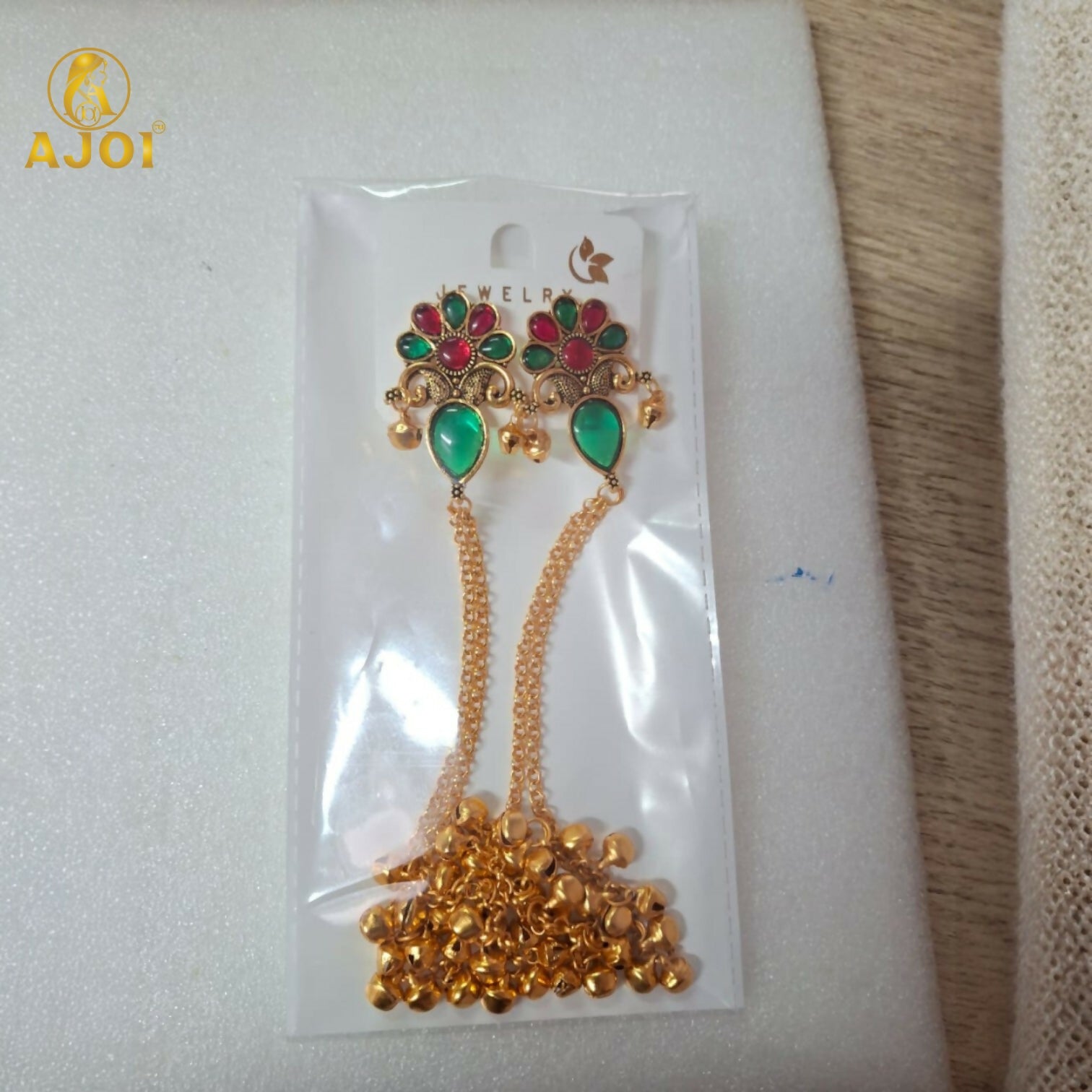 Gold plated Kashmiri style earrings with multicolor stones and ghungroo beads