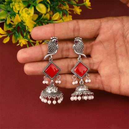 Oxidised Silver Red Stone Parrot Design Jhumka Earrings for Women & Girls