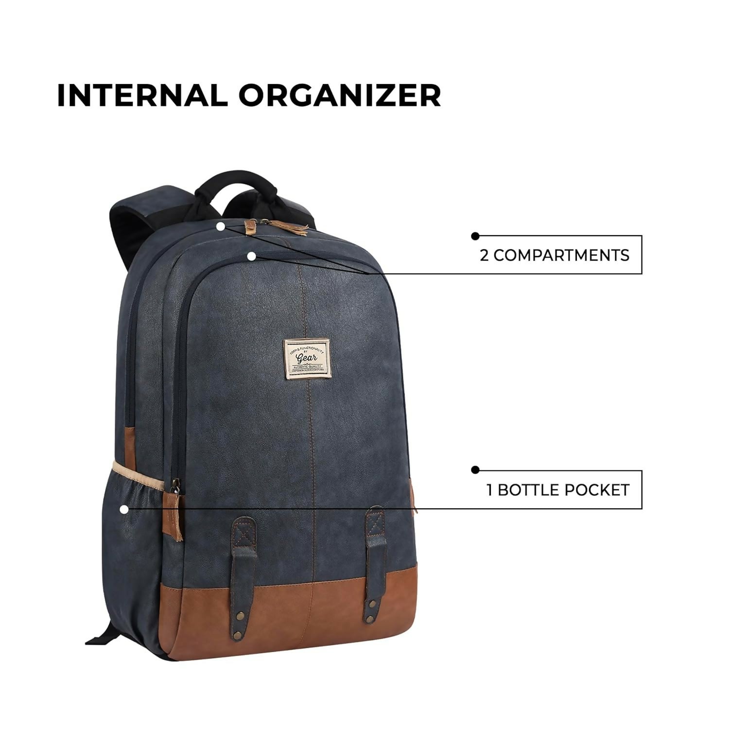 GEAR Laptop Back Pack Classic Faux Leather Navy Blue Tan