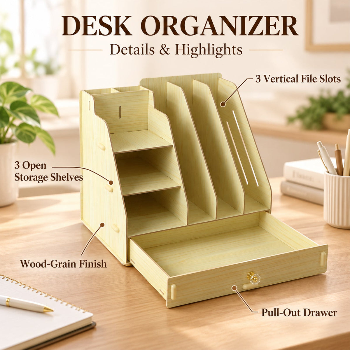 Wooden desk organizer with labels pointing to its features: shelves, file slots, wood-grain finish, and drawer.