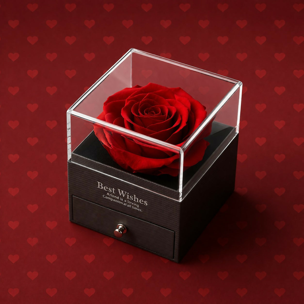 Close-up of preserved rose inside the gift box