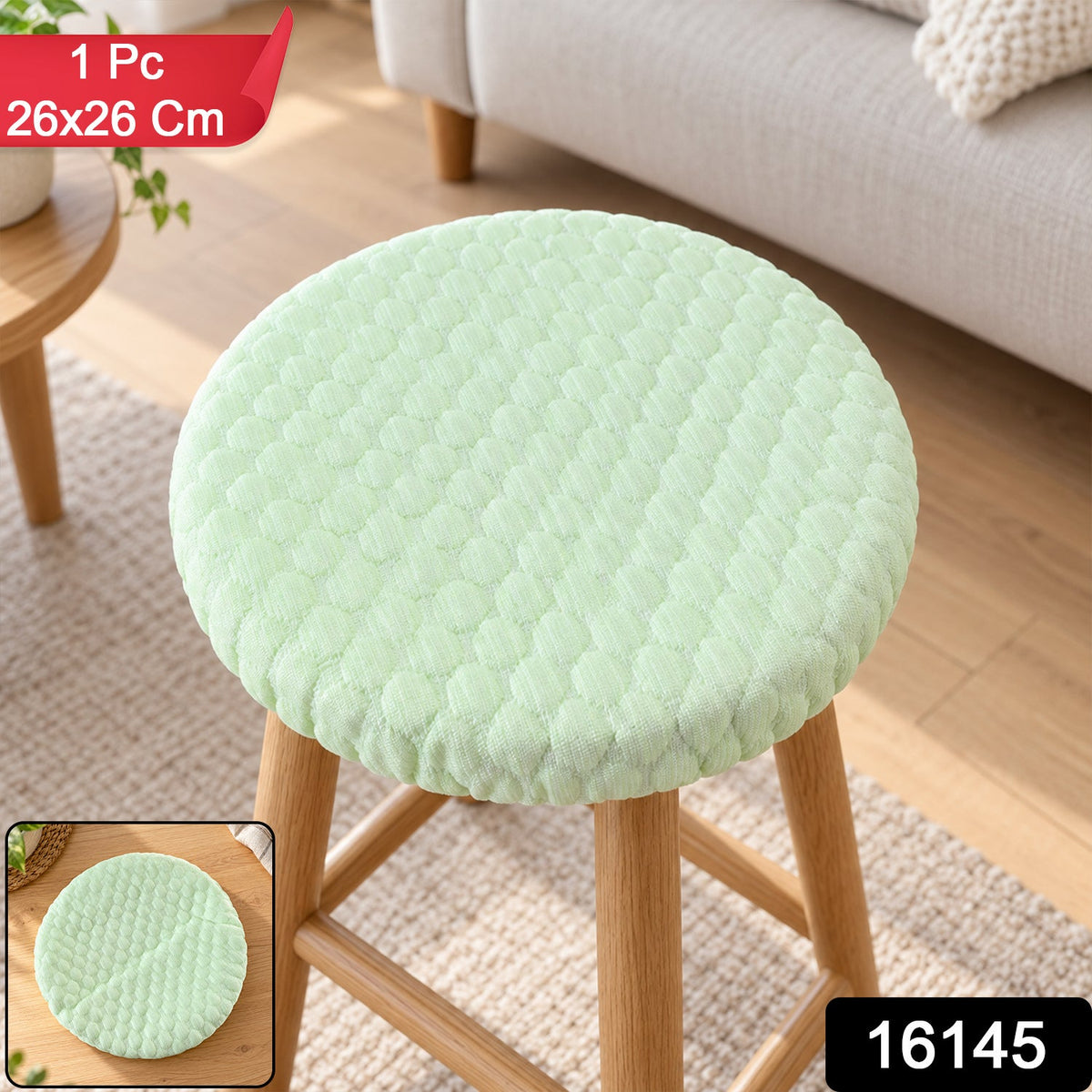 Light green textured round stool cushion cover on a wooden stool, with product details in the corner.