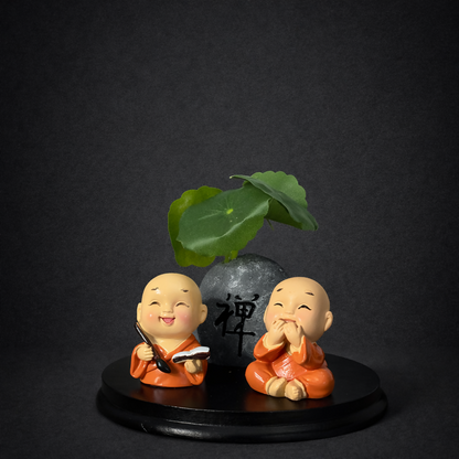 Cute Zen Monk Couple with Mini Planter Decorative Showpiece (ANY COLOR)
