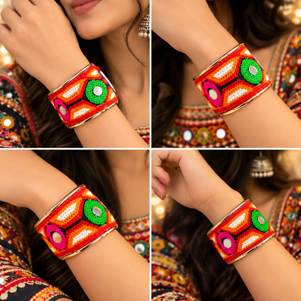 A four-panel collage showing a woman's arm from different angles, adorned with a bright embroidered cuff bracelet.