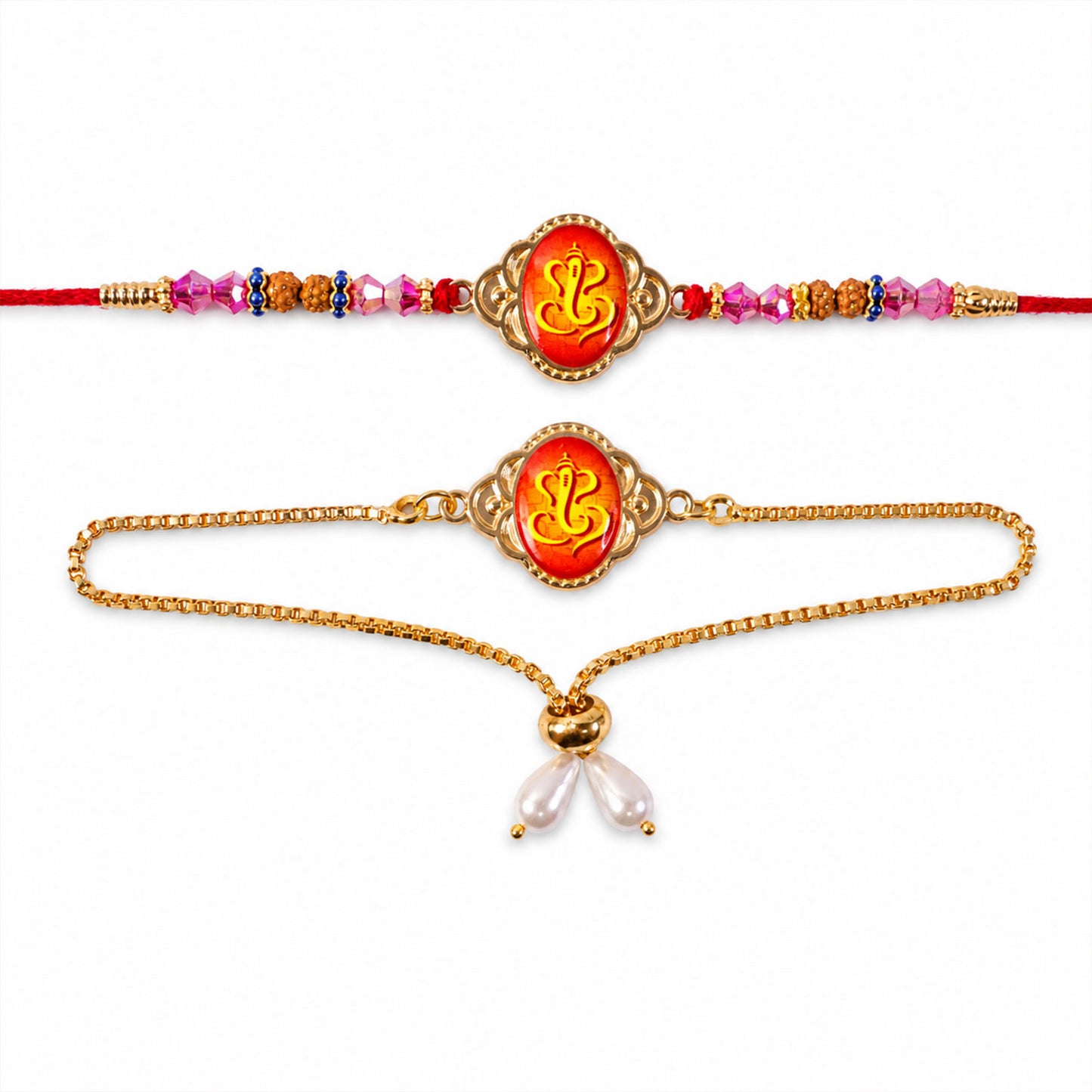 Ganesh Printed Motif Oval Floral Frame Rudraksha Beads Bhai Bhabhi Rakhi Lumba Set