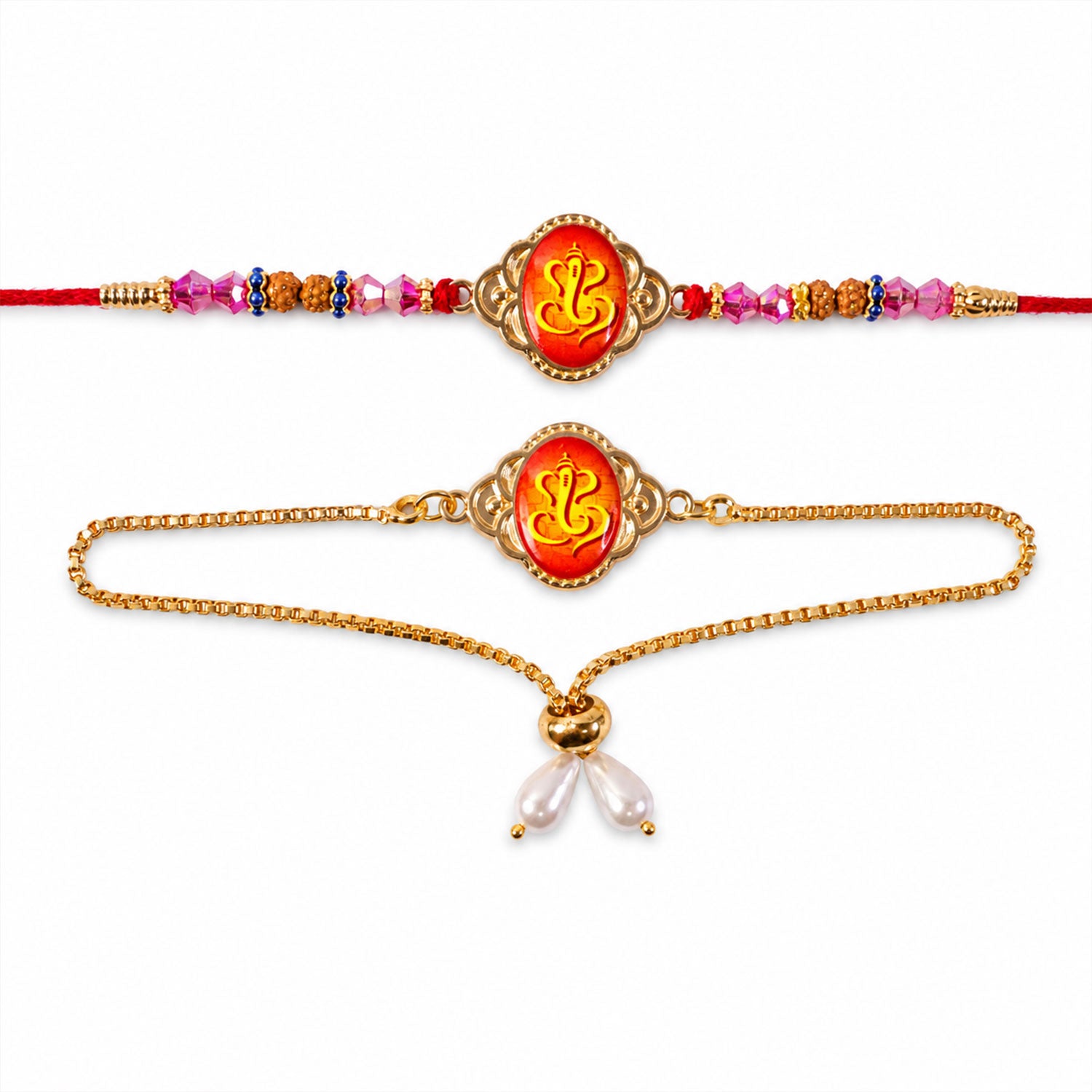Ganesh Printed Motif Oval Floral Frame Rudraksha Beads Bhai Bhabhi Rakhi Lumba Set