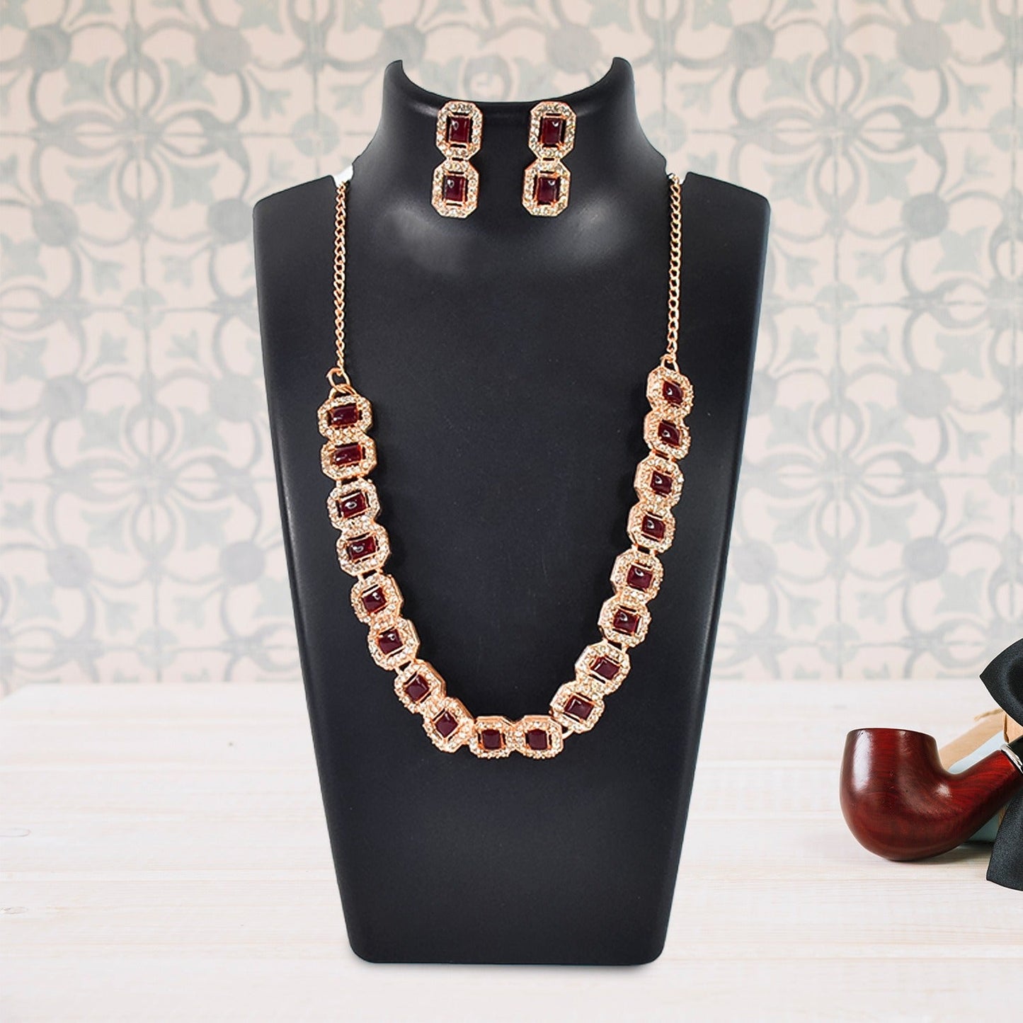 Maroon American Diamond Studded Jewellery Necklace Set