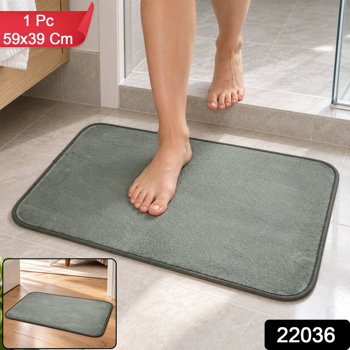 Bare feet stepping onto a gray rectangular floor mat from a tiled bathroom floor, with product details overlay.