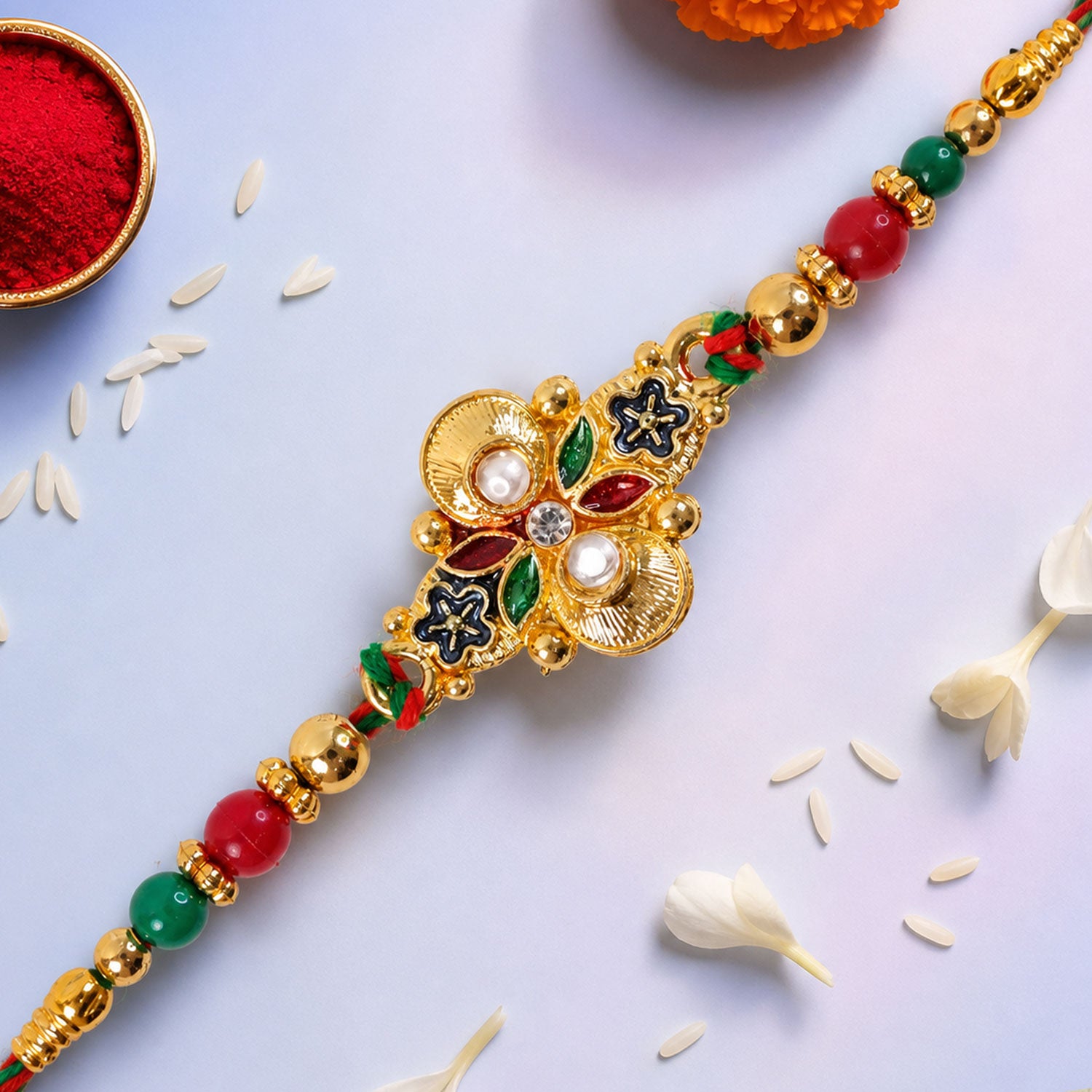 Multicolor Floral Kundan Pendant Rakhi with Red and Green Beads