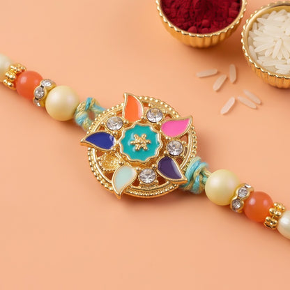 Multicolor Floral Kundan Pendant Rakhi with Pearl and Orange Beads