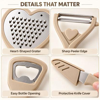 Four close-up details of the kitchen tools: a heart-shaped grater, a peeler with a heart accent, a bottle opener, and a