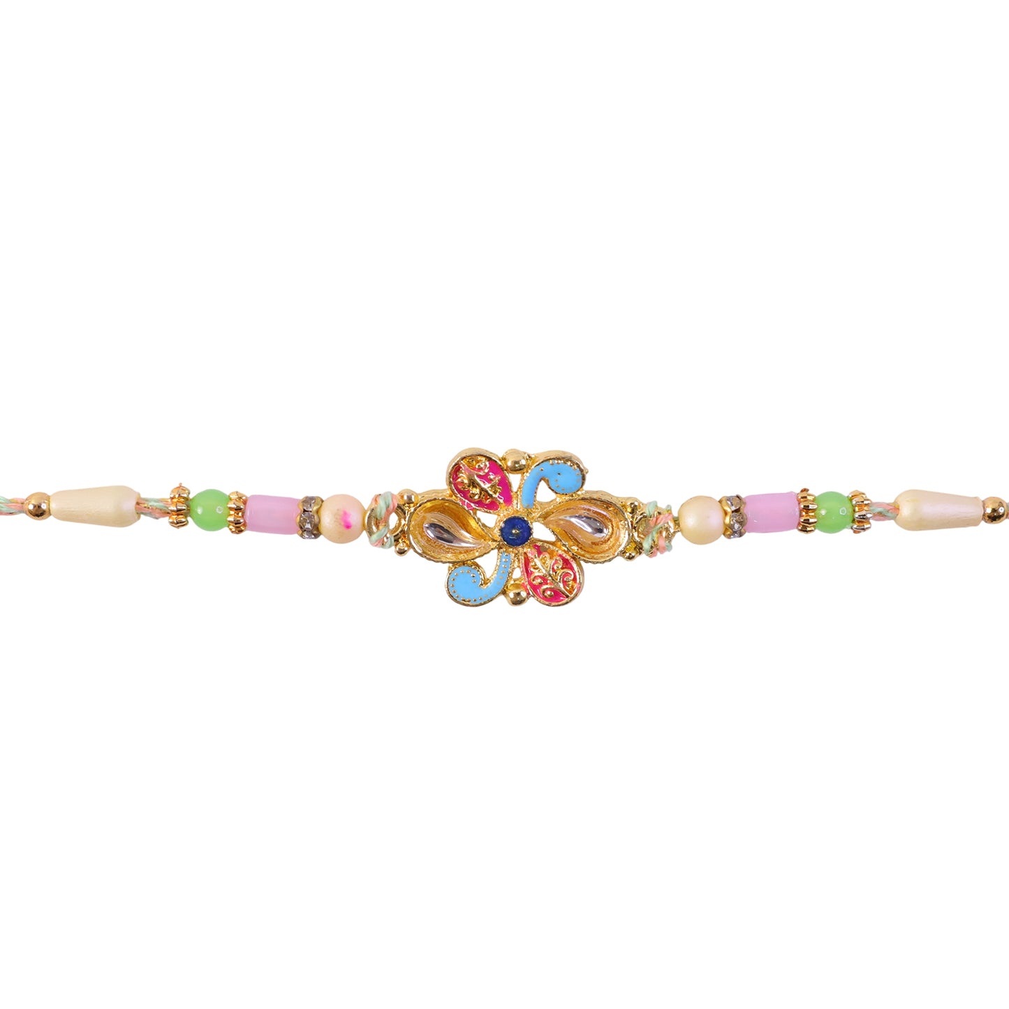 Ornate Rakhi featuring Petal Blossom Charm and bead line in gift style for Gift Use