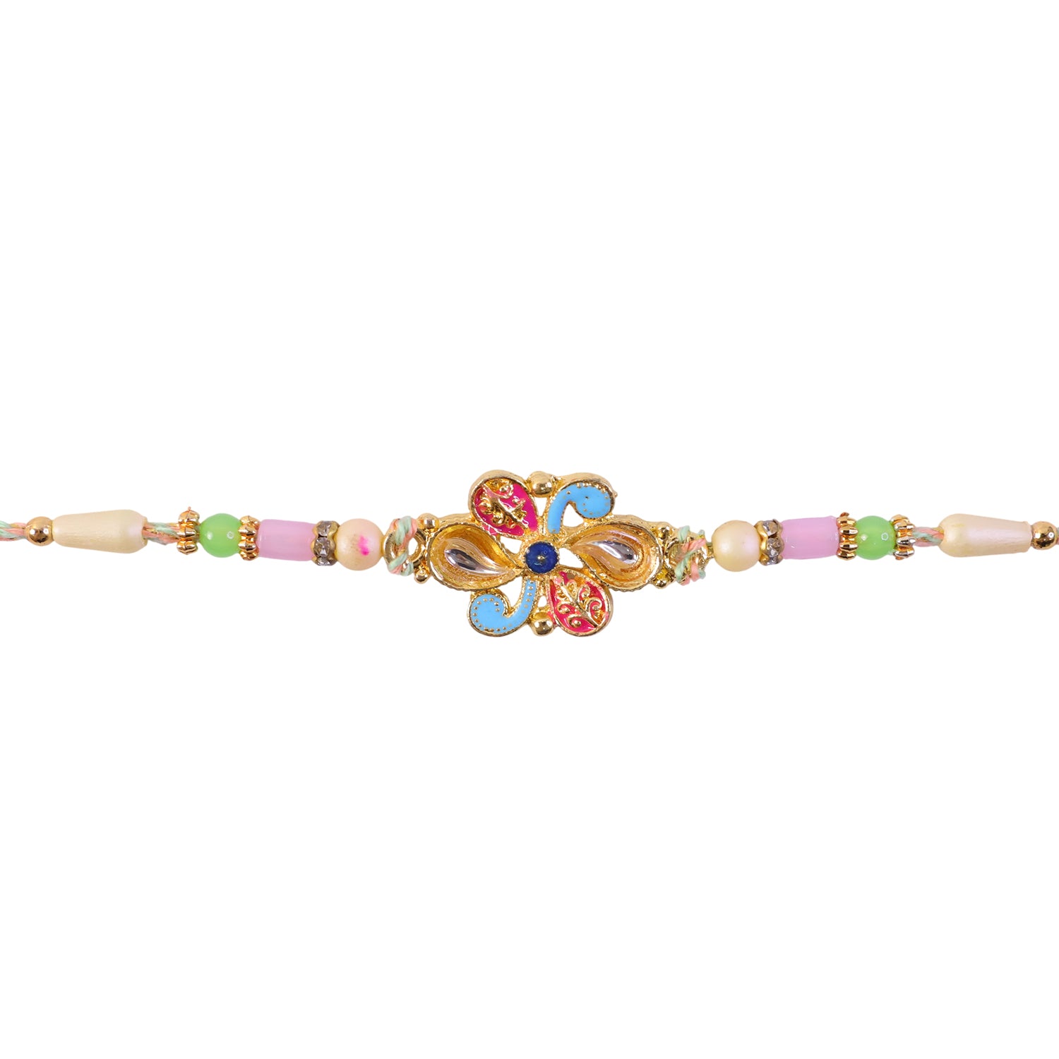Ornate Rakhi featuring Petal Blossom Charm and bead line in gift style for Gift Use