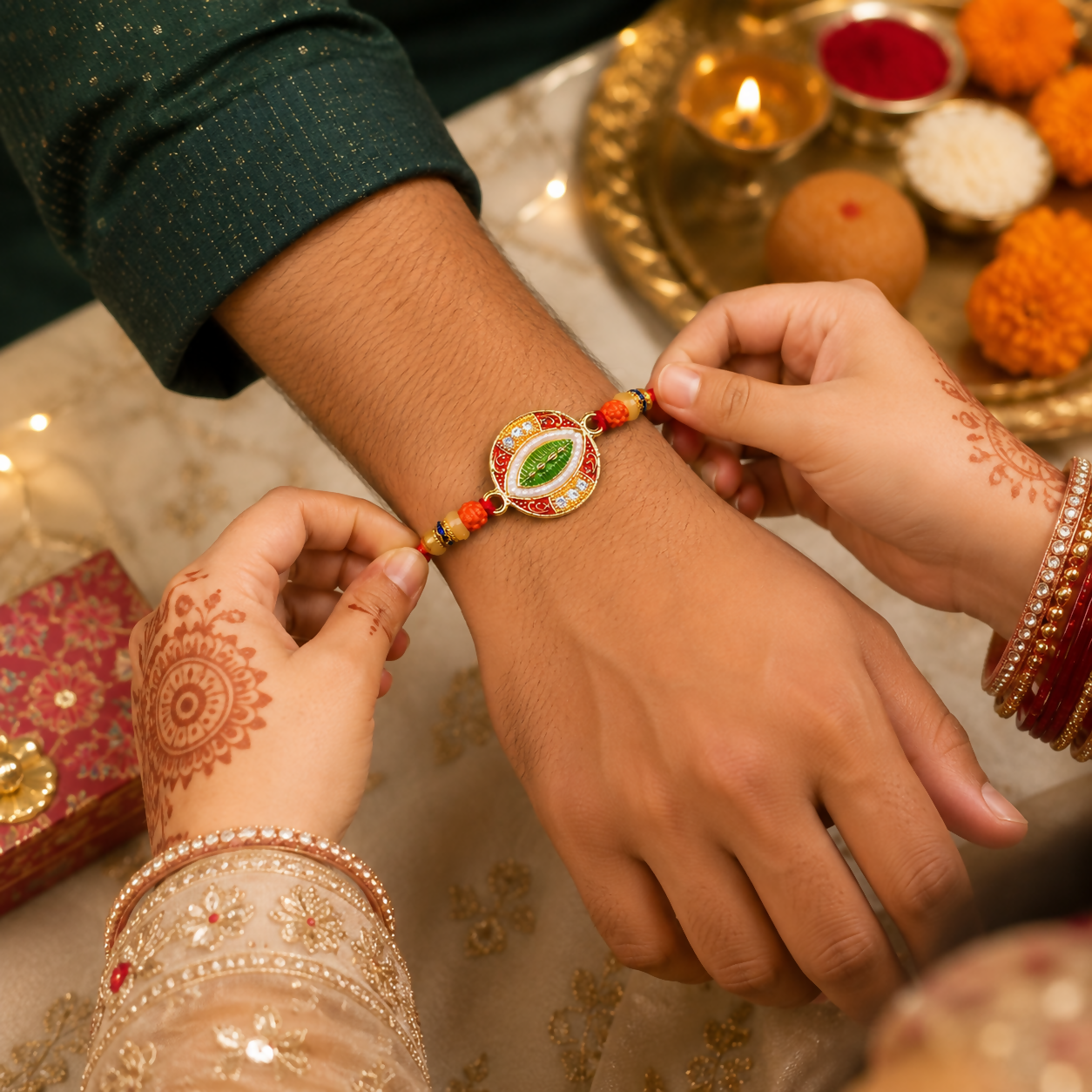 A person's hands with henna are tying a red and gold bracelet with orange beads and a green leaf design onto another