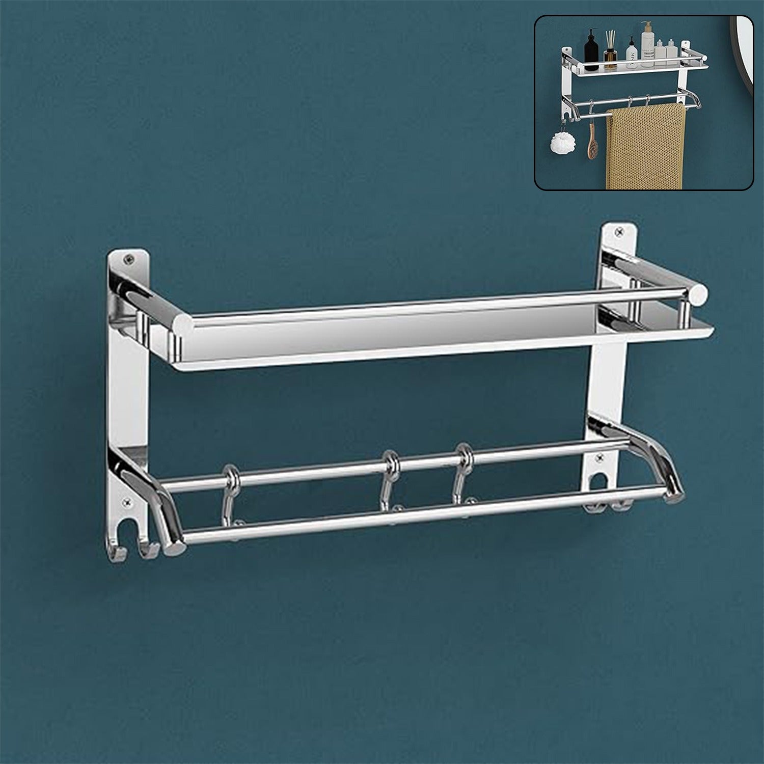 Stainless Steel Single Hook Wall-Mount Multipurpose 2 Tier Shelf