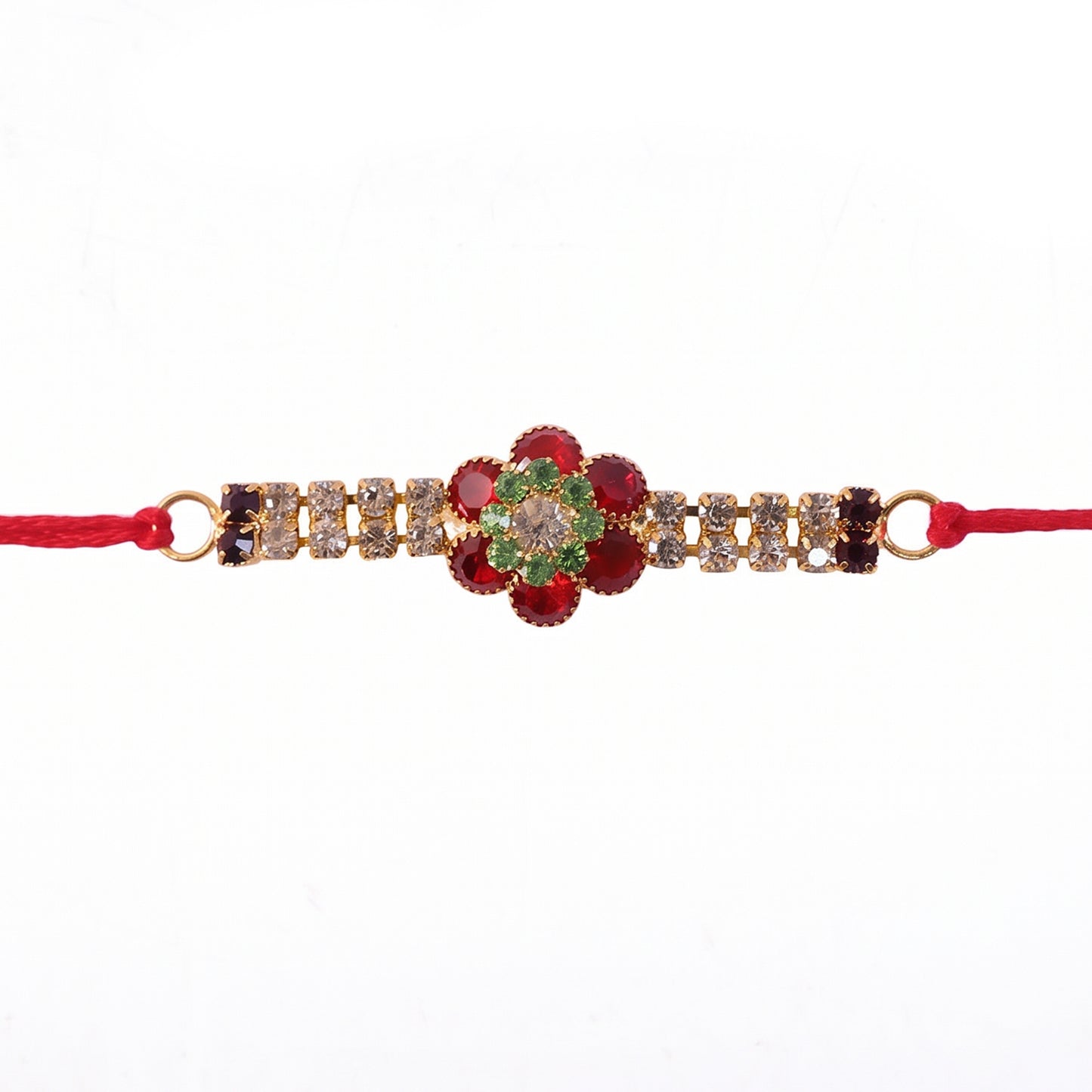 Red Floral Kundan Bracelet Rakhi with Crystal Line and Pearl Ends