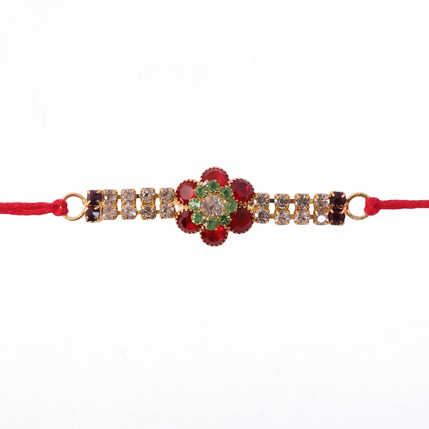 Red Floral Kundan Bracelet Rakhi with Crystal Line and Pearl Ends
