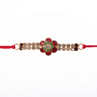 Red Floral Kundan Bracelet Rakhi with Crystal Line and Pearl Ends