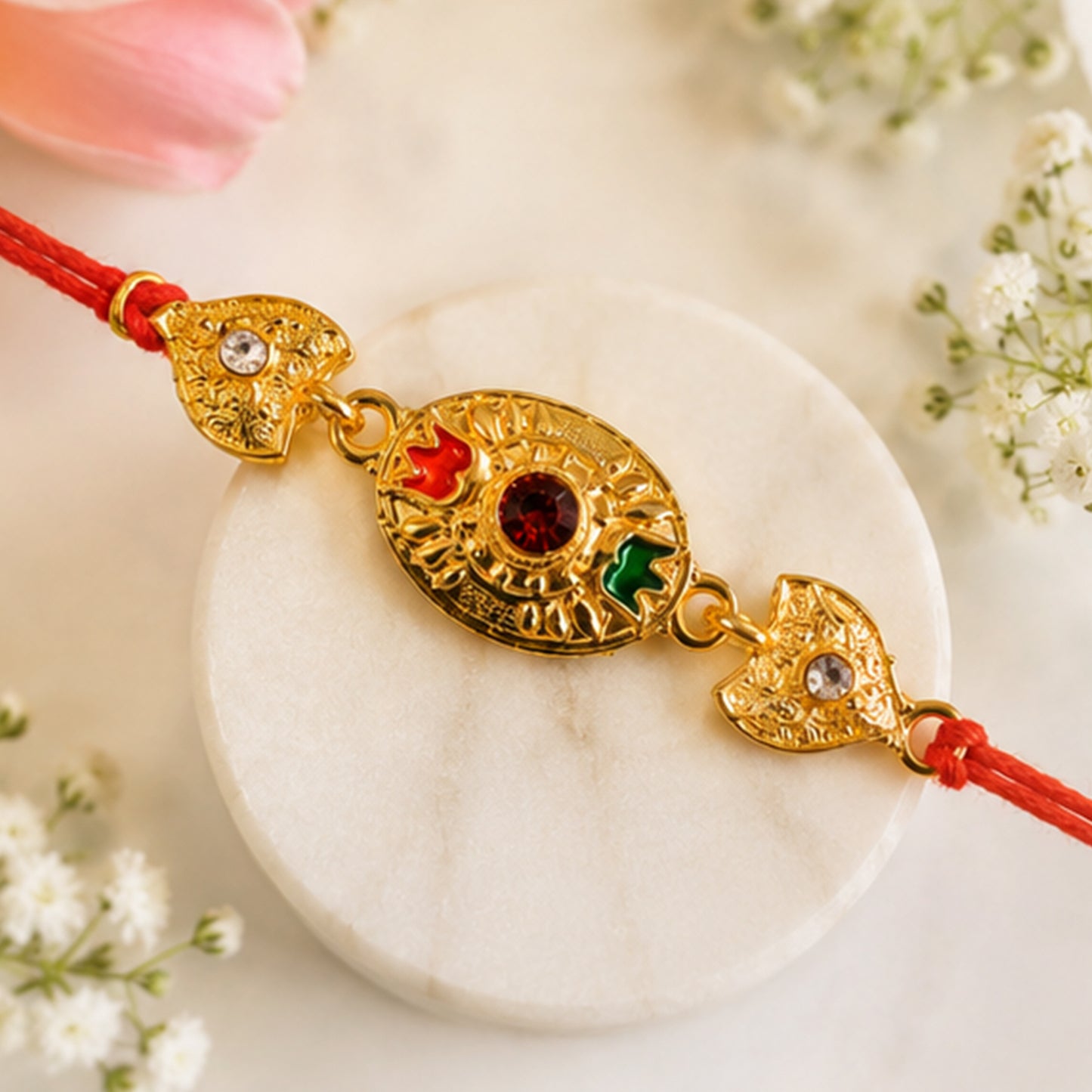 Sacred Bond Designer Gold Rakhi with Ruby & Emerald Stone