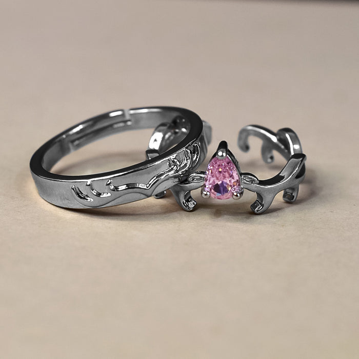 Couple's Silver Tone Ring with One Ring Diamond