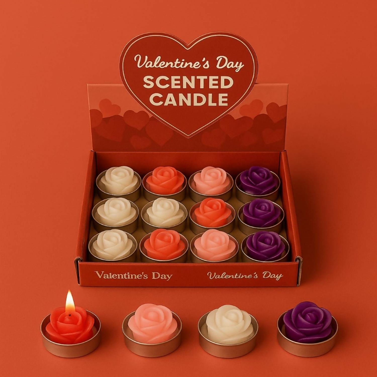 Set of 12 Valentine’s Day Rose Scented Candles – Romantic Decorative Aromatherapy Tea Light Candles for Home, Bedroom, Spa, Parties, Weddings, and Gifting – Multicolor Flower Design
