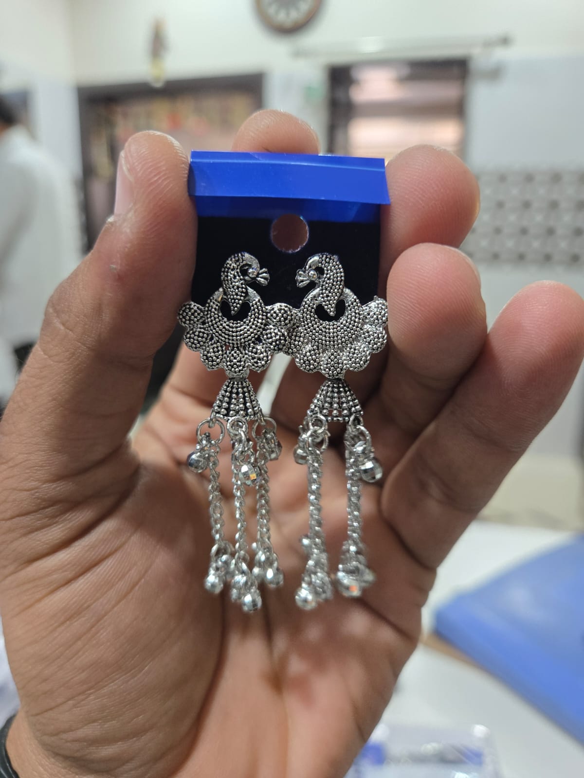Peacock Design Oxidised Silver Earrings for Women with Long Hanging Beads Pair