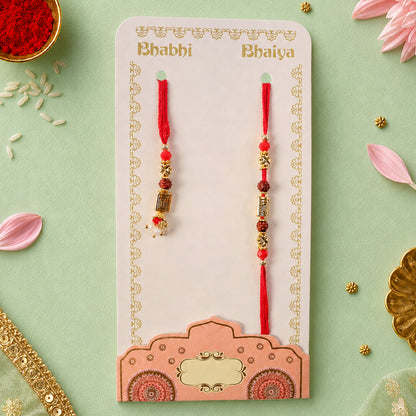 Geometric Spiral Rakhi Pair with Rudraksha Beads for Traditional Couple Gifting Set
