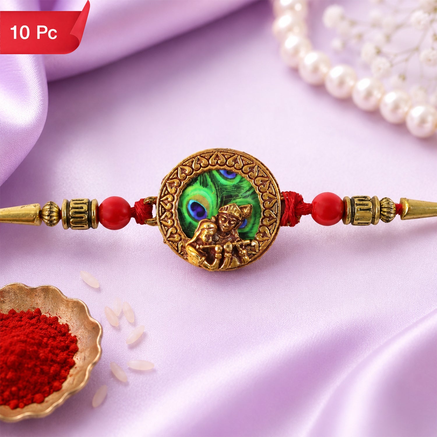 Krishna Rakhi, Traditional Peacock Feather Design with Beads (10pcs)