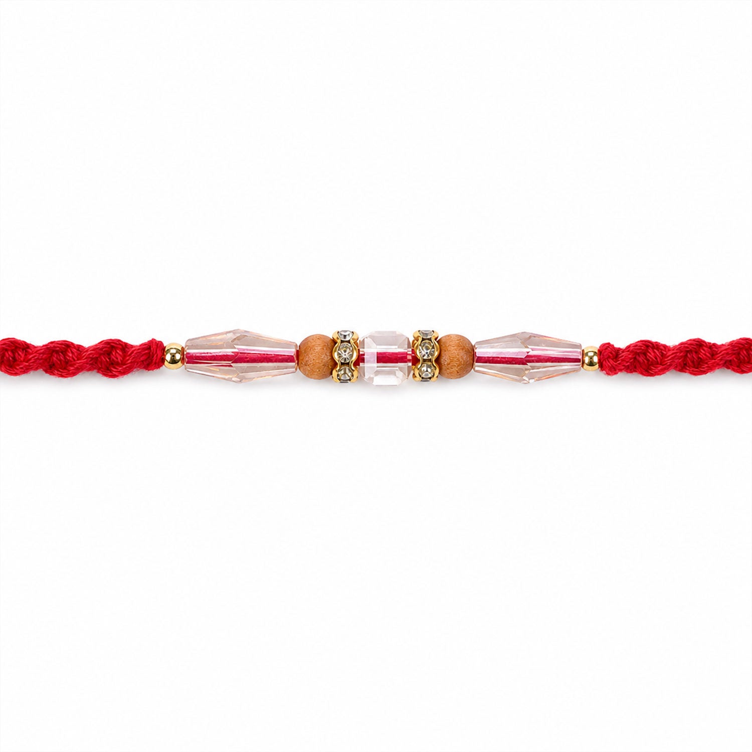 Red Thread Rakhi with Champagne Crystal Beads and Wooden Bead Accents