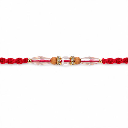 Red Thread Rakhi with Champagne Crystal Beads and Wooden Bead Accents